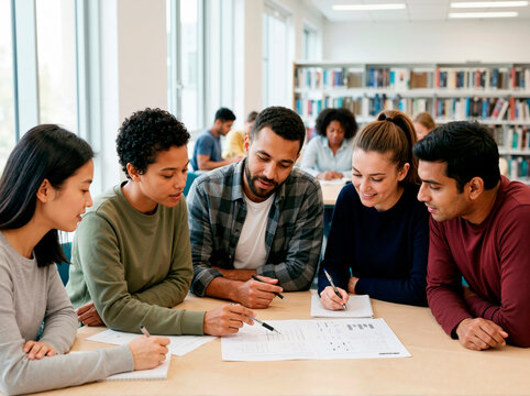 Diverse college students solving logic puzzles together in a library. Focused study group collaborating on a document at a table