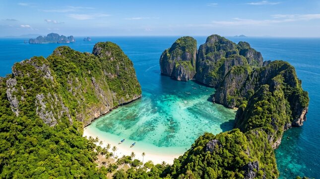 Aerial View of Maya Bay with Turquoise Water and Limestone Cliffs, Phi Phi Islands, Thailand