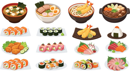 Japanese Food Collection Featuring Sushi, Ramen, Tempura, Miso Soup, and Sashimi for Culinary and Restaurant Illustrations © Ismail