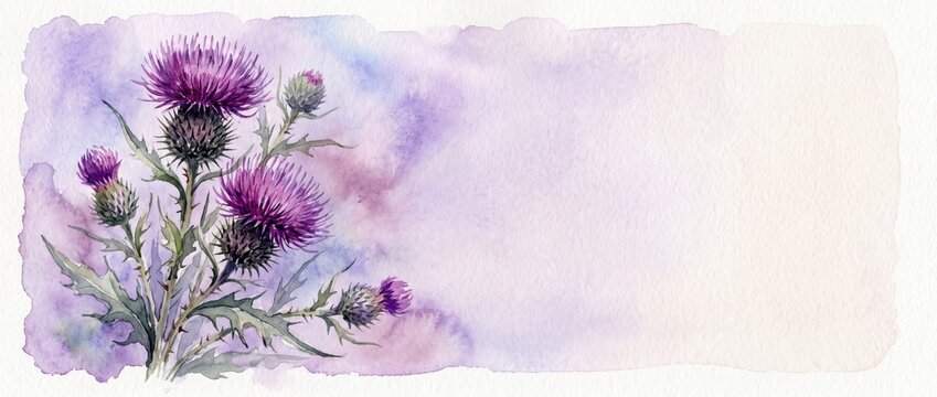Watercolor illustration of purple thistle flowers. Soft pastel lilac wash background. Wild botanical floral banner with copy space for text