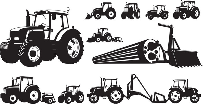 Agricultural farm tractor silhouette collection set