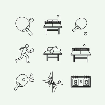 Table Tennis Icons Set: Rackets, Balls, Player, Table, Scoreboard, Sport Graphics