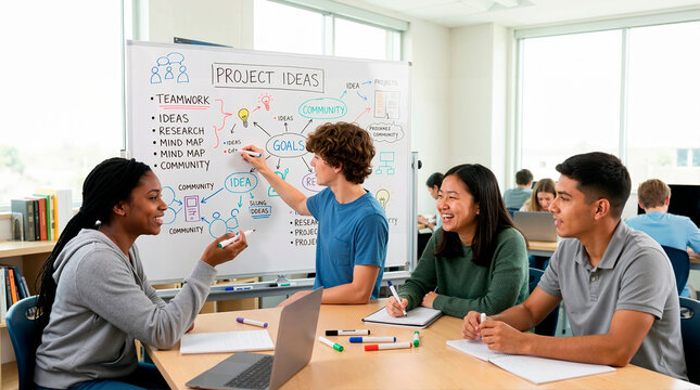 Diverse teenagers brainstorming project ideas in a classroom. Happy high school students collaborating around a whiteboard