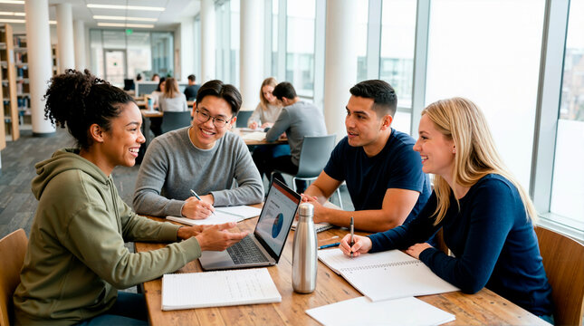 Diverse student team collaborating on a project in a university library. Happy classmates analyzing data on a laptop during a study group meeting. Academic teamwork and education concept