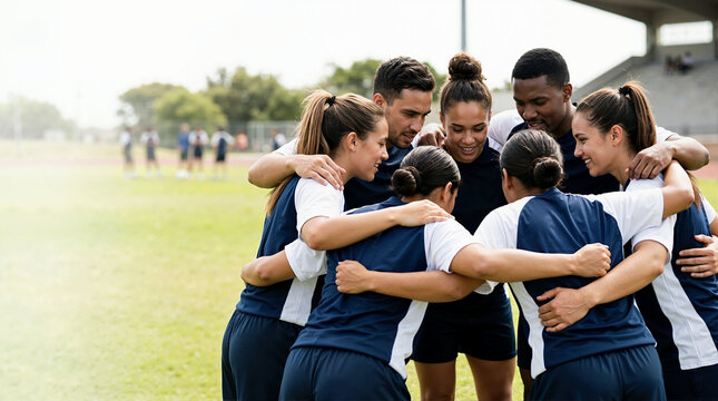 Diverse sports team in a huddle on grassy field. Happy male and female athletes with arms around each other showing unity and teamwork. Copy space for text