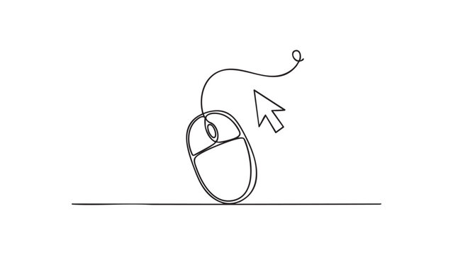 Hand drawn computer mouse with cursor arrow and wire in one continuous line drawing style.