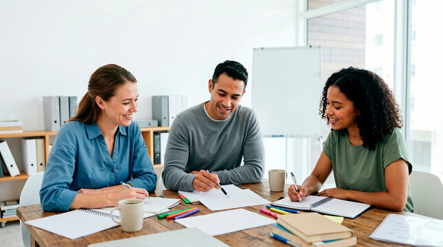 Diverse team of teachers cooperating and planning at a desk. Professional colleagues smiling and working together on documents