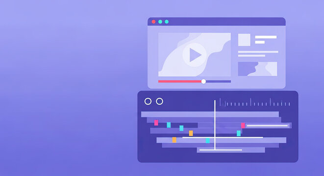 Video editing interface in a flat style with a creative vibe against a purple background