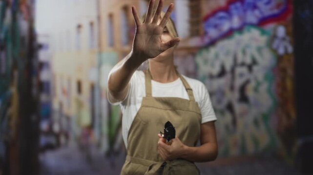 Woman gardener raises hand to stop while holding pruning shears and wears an apron in a graffiti lined urban street; defiance.