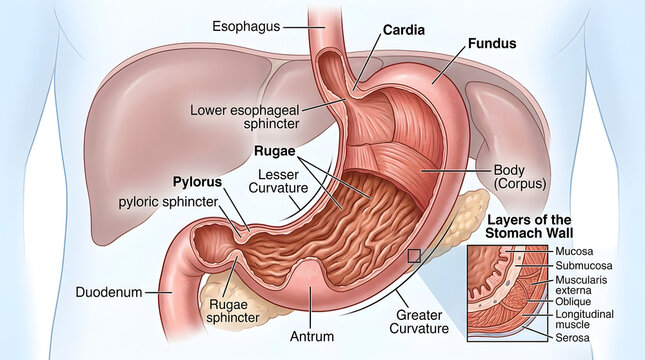Human Stomach Anatomy Illustration with Labels and Layers Detail