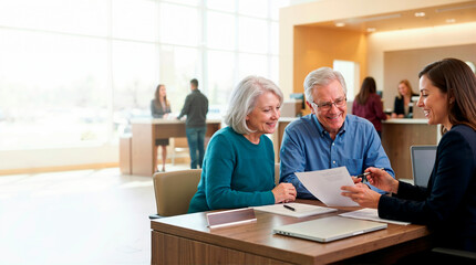 Obraz premium Senior couple reviewing financial document with female advisor in bank. Happy older man and woman consulting with professional agent at desk. Retirement planning concept