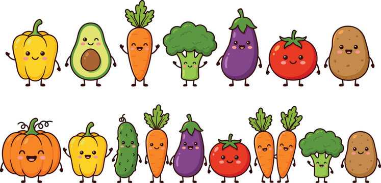 Cute Vegetable Character Collection Featuring Avocado, Carrot, Broccoli, Eggplant, Tomato, and Pumpkin for Kids&rsquo; Food Illustrations
