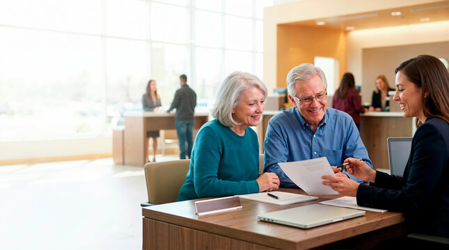 Senior couple reviewing financial document with female advisor in bank. Happy older man and woman consulting with professional agent at desk. Retirement planning concept