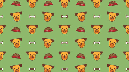Obraz premium Bright green background with playful dog faces. Each dog wears a red hat and smiles cheerfully. White bones float between the smiling faces. Pattern repeats evenly across the entire design