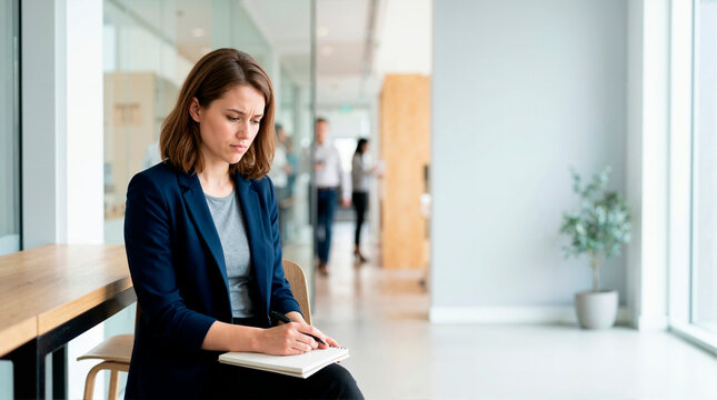 Stressed job candidate waiting for an interview in a modern office hallway. Anxious young businesswoman reviewing notes in a notebook. Employment and recruitment concept