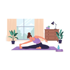 Obraz premium Woman practicing yoga stretch in a light filled room indoors