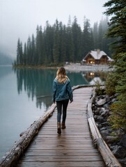 Fototapeta premium Woman walking alone on wooden dock by misty lake