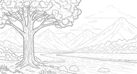 Obraz premium A detailed monochromatic line drawing displays a single large deciduous tree on a riverbank with jagged mountain ranges rising in the background under soft daylight.