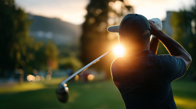 Cinematic wide back view of a silhouetted figure mid swing with a golf club on a bright softly defocused scenic golf course golfer swing scenic course outdoor recreation sport