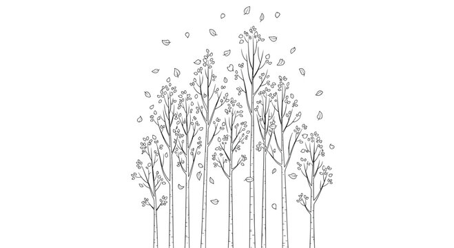 Several bare tree trunks stand in a vertical arrangement within a dense woodland area while autumn leaves drift downwards in a clean black and white sketch.