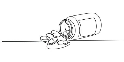 Continuous one line drawing of a pill bottle with medical tablets © Icon_gallery