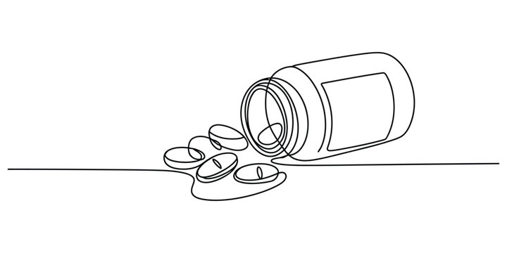 Continuous one line drawing of a pill bottle with medical tablets