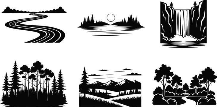 Natural landscape scenery silhouette collection vector illustration for forest environment.