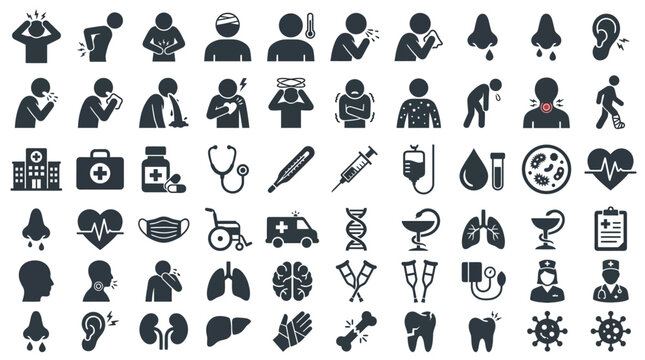 Set of medical and healthcare glyph icons.