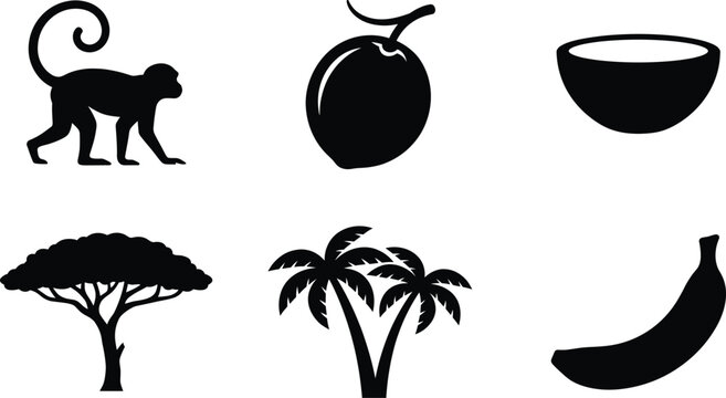 Six black silhouettes of tropical and jungle elements, including monkey, coconut, bowl, acacia tree, palm trees, and banana.