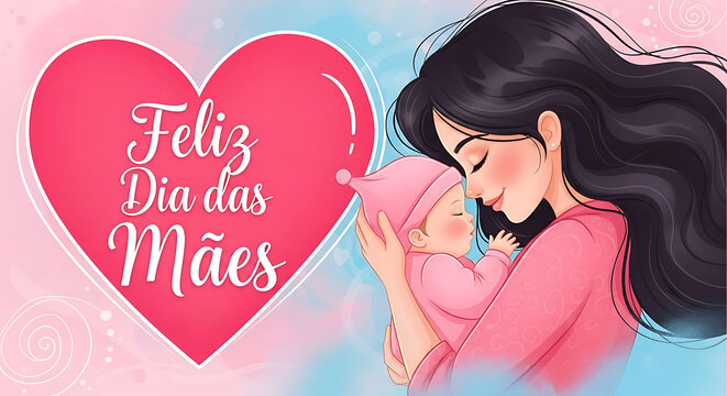 Happy Mothers Day illustration: Mother holding baby in arms, large pink heart with Portuguese text "Feliz Dia das M&atilde;es", soft pastel background, tender moment