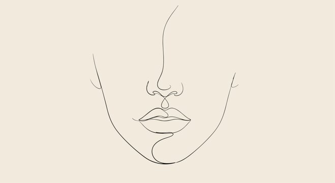A minimalist single-line contour drawing of a human face featuring a delicate, unbroken black stroke against a soft cream background capturing feminine facial features artfully.