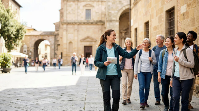 Smiling female tour guide leading a diverse group of tourists through a historic city square. Woman pointing at landmarks while holding a map on a sunny day. Travel and sightseeing concept