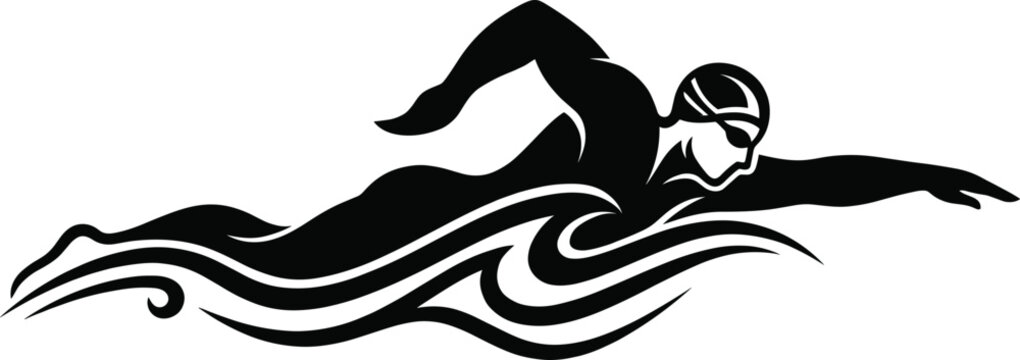 Stylized black-and-white illustration of swimmer in freestyle stroke, wearing cap and goggles, with flowing water wave patterns