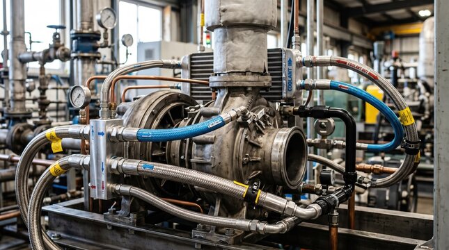 Closeup medium shot of watercooled aftercooler piping integrated around compressor core highlighting coolant flow connections and thermal regulation in mechanical systems.