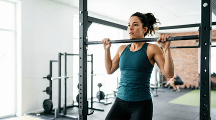 Fototapeta premium Strong woman doing chin-ups on a bar in a gym. Focused female athlete performing upper body strength training exercises. Fitness and workout concept