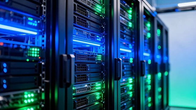 Server racks with illuminated lights