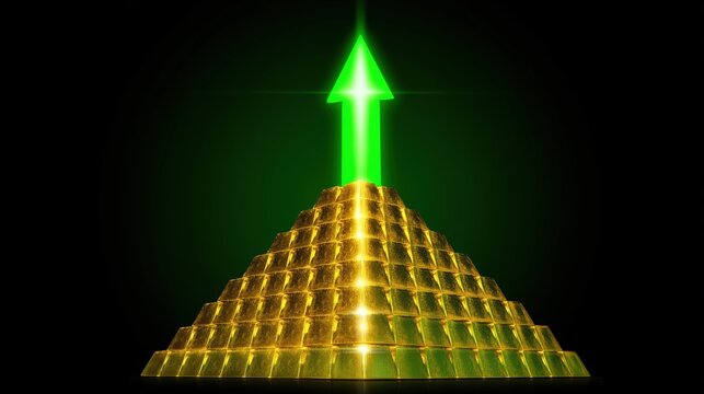 A stack of shiny gold bullion bars forms a pyramid with a glowing green arrow pointing upward. This ultra detailed image symbolizes rising gold value and a bullish commodity market.