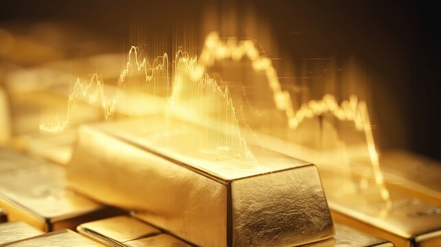 Stacked gold bars with glowing financial chart lines symbolize wealth and prosperity. Warm reflections and cinematic shadows enhance this high-end finance concept.