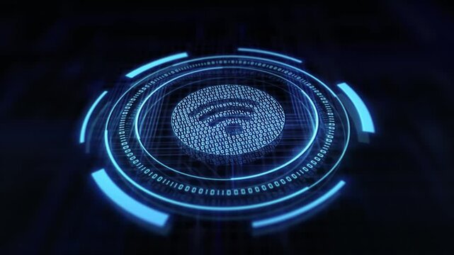 Neon blue glowing wifi signal icon radiating connectivity and data transfer within a futuristic, abstract digital network sphere graphic.
