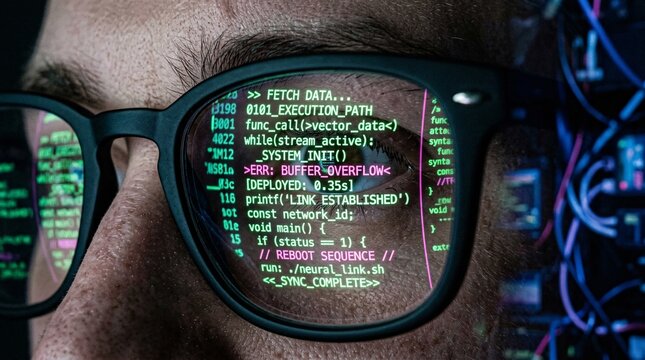 Intense close-up of a person's eye through thick black-rimmed glasses vividly reflecting scrolling lines of neon green and pink code.