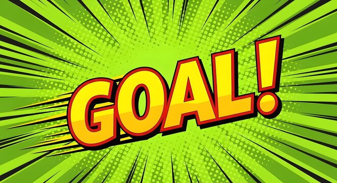 Goal success comic book style text on green background .