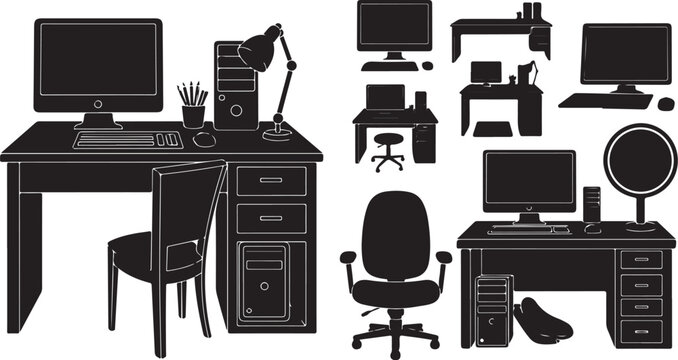 Computer workstation office desk vector silhouette icon set