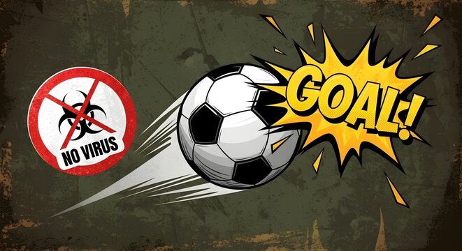 Soccer ball scoring goal with no virus sign.
