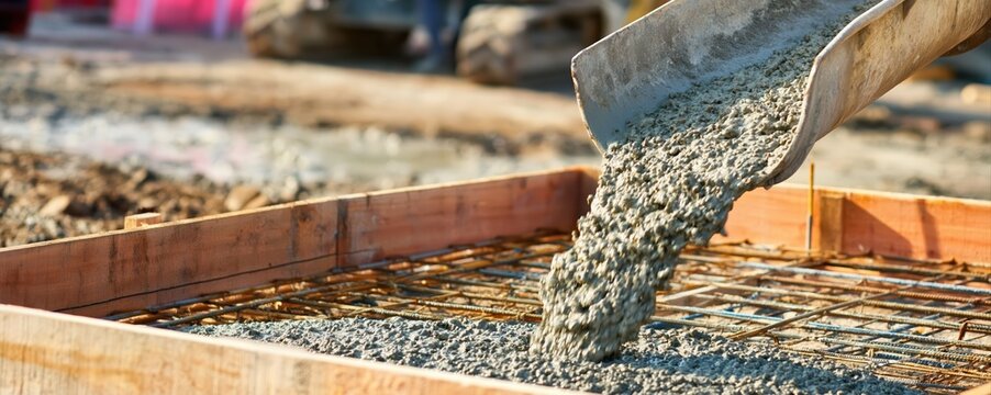 Liquid concrete pours from a chute into a wooden frame foundation at a construction site. Ultra-realistic infrastructure construction photography captures detail and depth.