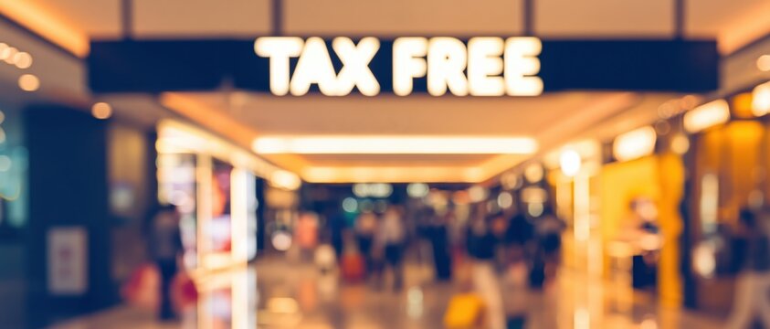 An illuminated TAX FREE sign glows above a luxurious duty-free shopping area. Warm lighting and glossy marble create an upscale, cinematic retail atmosphere.