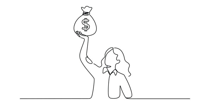 Business woman holding a money bag in one continuous line drawing
