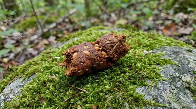 Scat of Raccoon on Mossy Rock for Educational Field Research