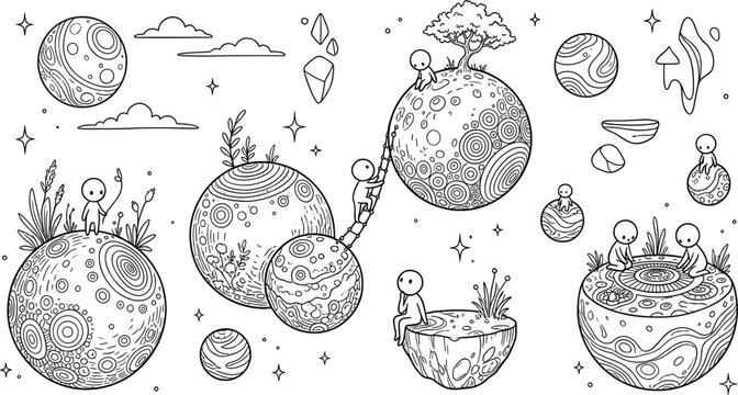 Fantasy Planet Doodle Illustration Featuring Tiny Characters on Abstract Worlds with Space Elements in Detailed Hand Drawn Black and White Vector Style