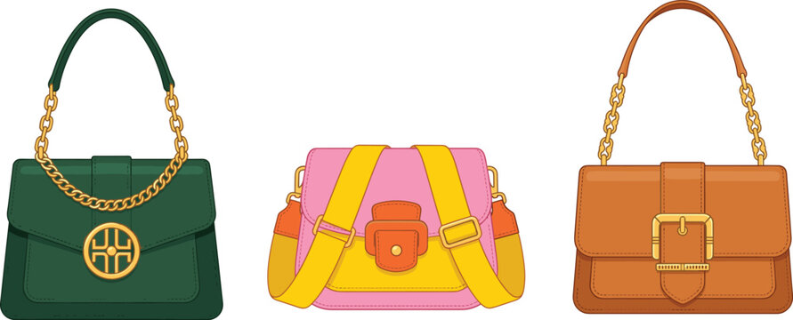 Set of stylish female handbags, fashion vector illustration, elegant leather purses with gold chains, trendy accessories for women, isolated on white background.