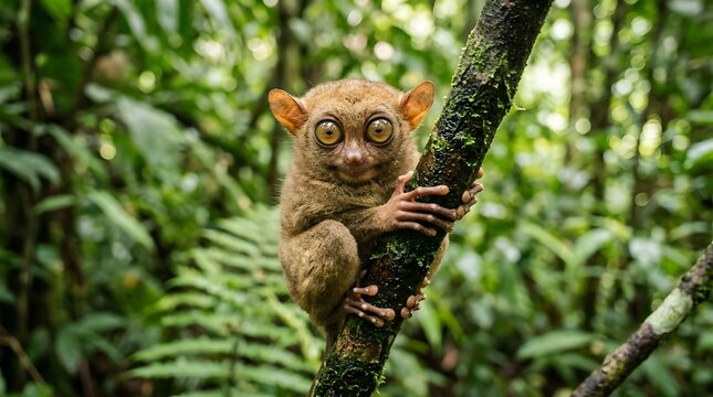 Tarsier Clings to Mossy Branch in Tropical Forest Bohol Philippines